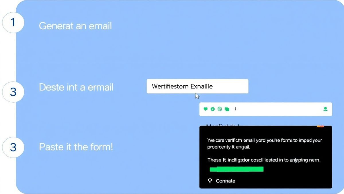 A three-step visual guide showing: 1) generating an email, 2) pasting it into a form, 3) viewing the verification email