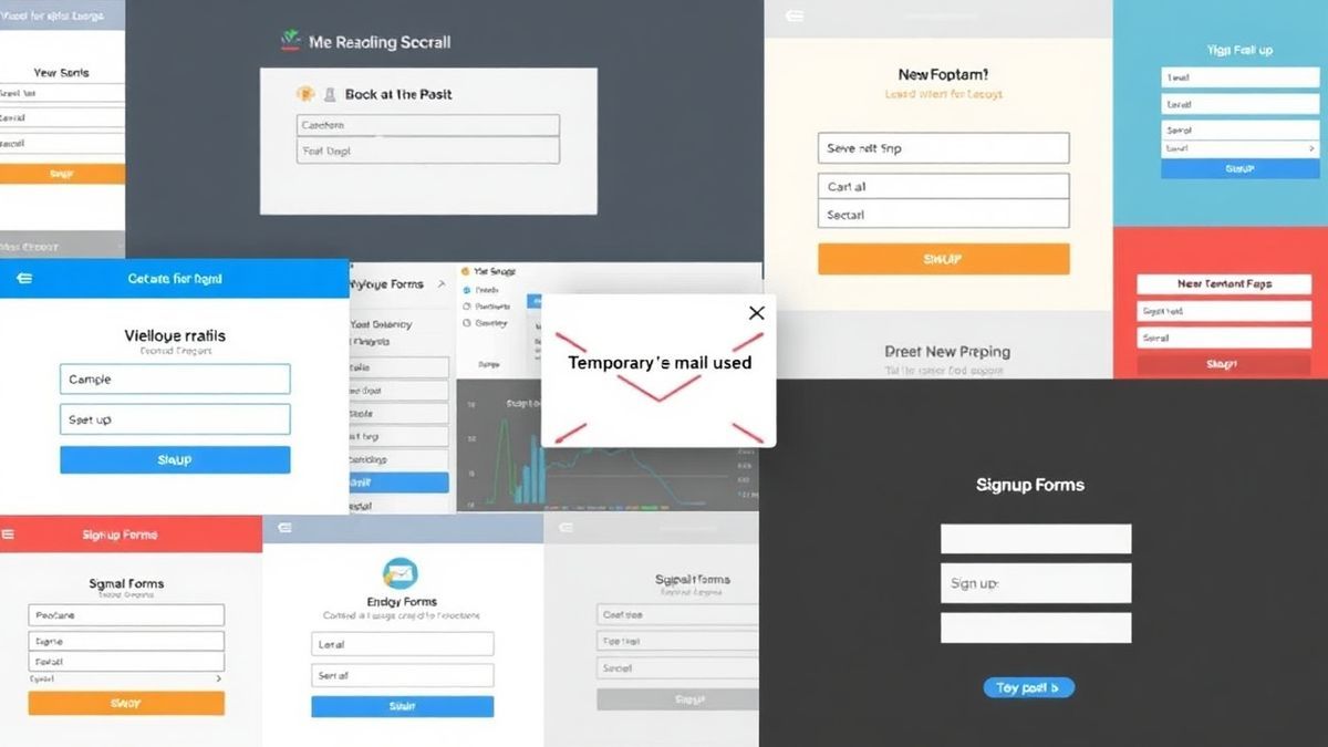 collage of different online signup forms with a temporary email being used