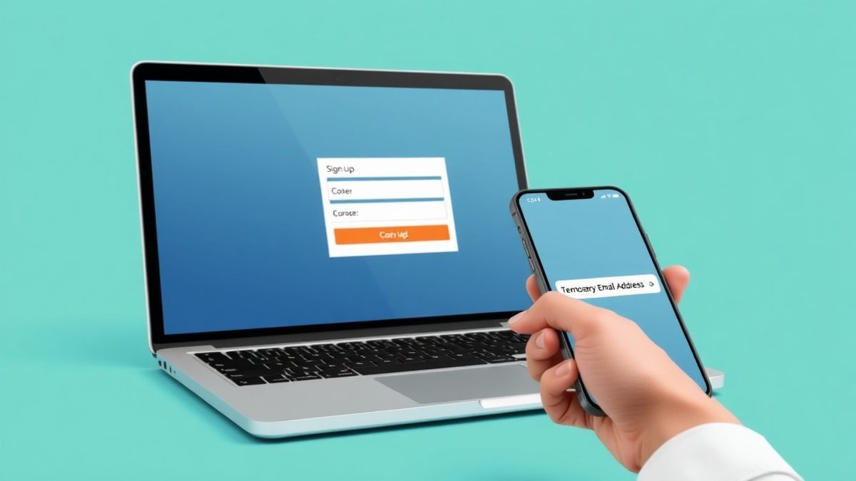 A laptop screen displaying a signup form with a temporary email address being copied from a smartphone